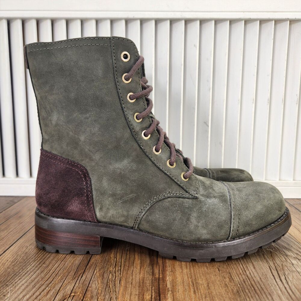 UGG Kilmer Combat Boots Women's 7.5 Green Leather Shearling Lined Military Style